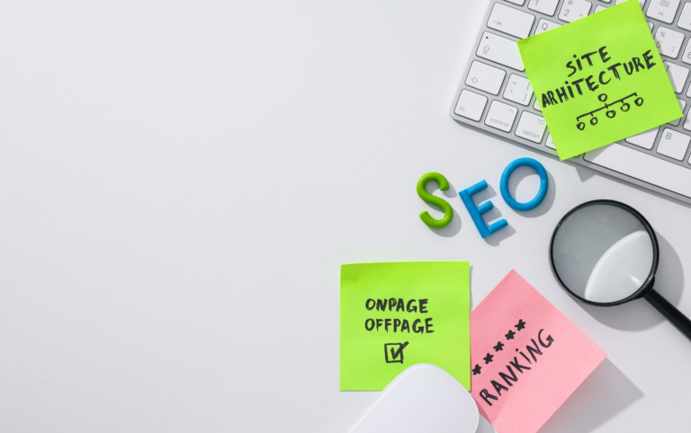 A magnifying glass and post-its representing content marketing