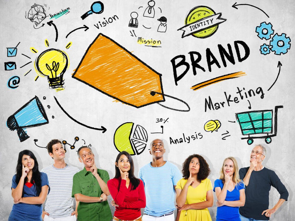 Diverse group of people thinking about how to build a brand voice concept